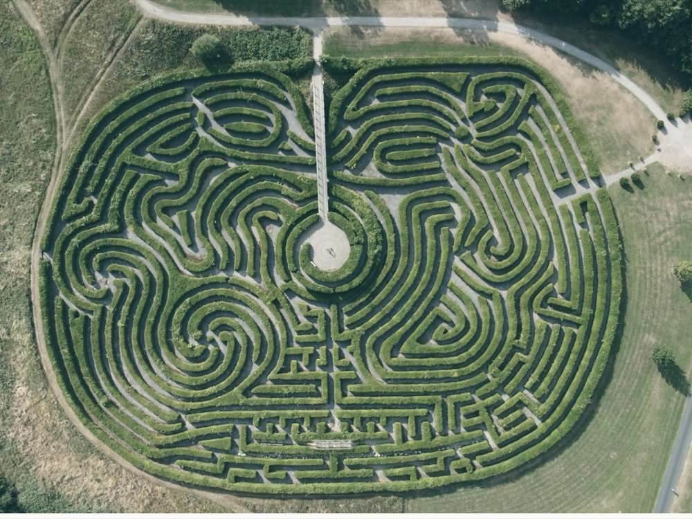An aerial view of a hedge maze.